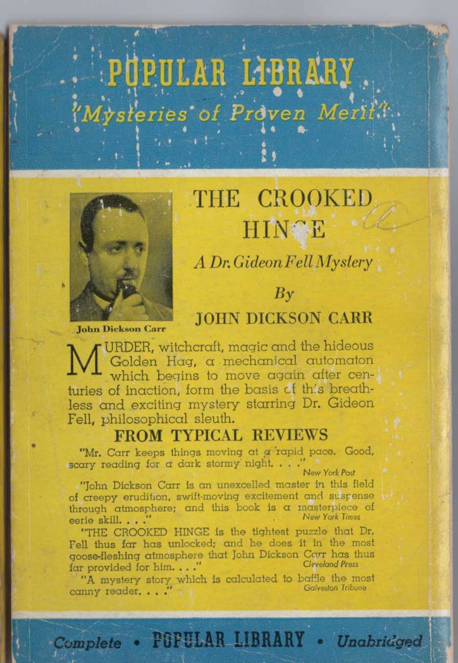 John Dickson Carr  CROOKED HINGE magnified rear book cover image