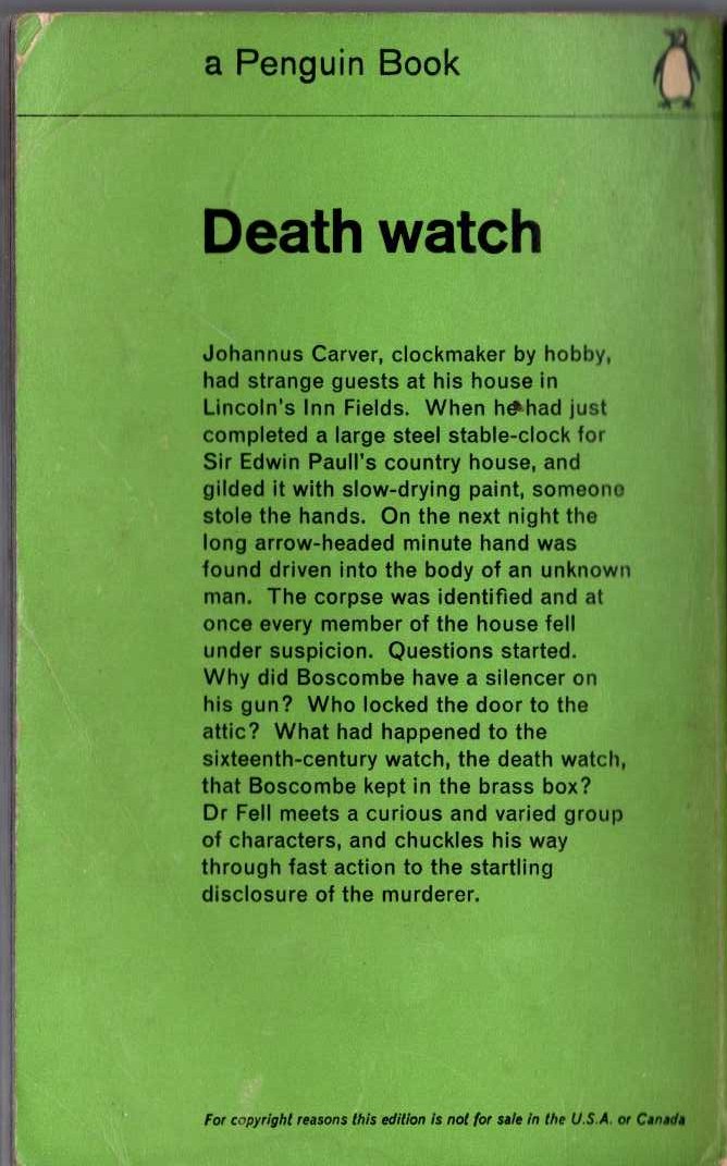 John Dickson Carr  DEATH-WATCH magnified rear book cover image