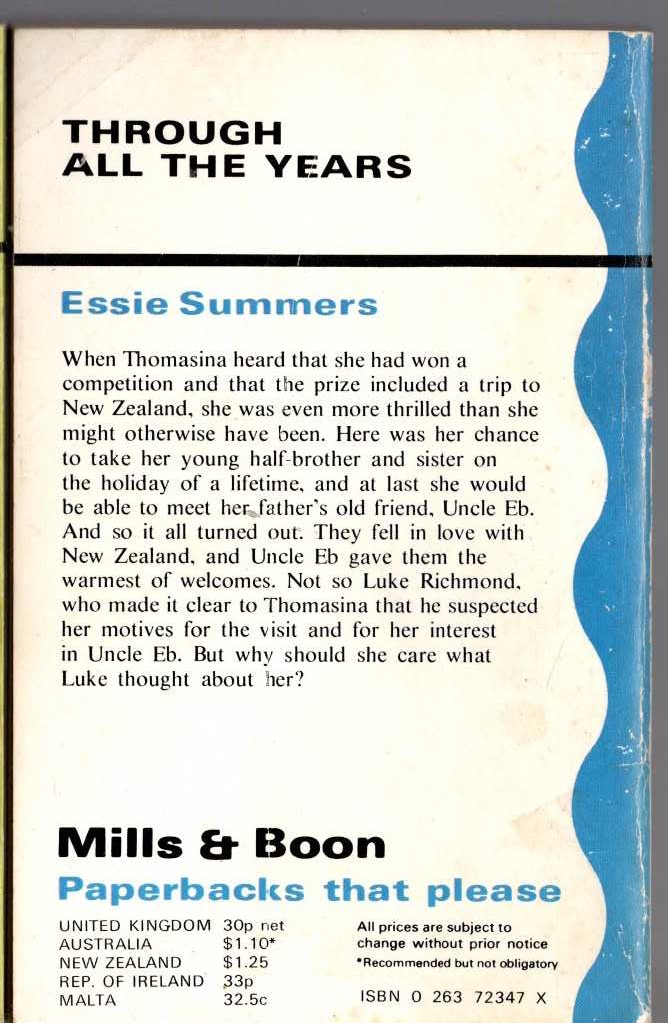 Essie Summers  THROUGH ALL THE YEARS magnified rear book cover image