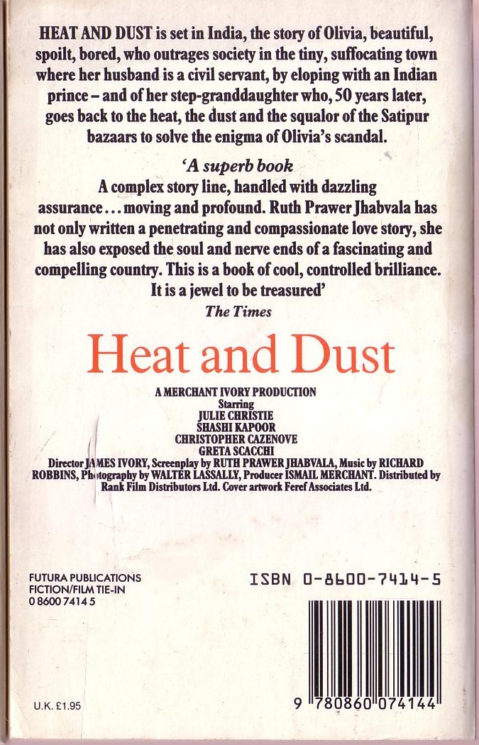 Ruth Prawer Jhabvala  HEAT AND DUST (Julie Christie) magnified rear book cover image