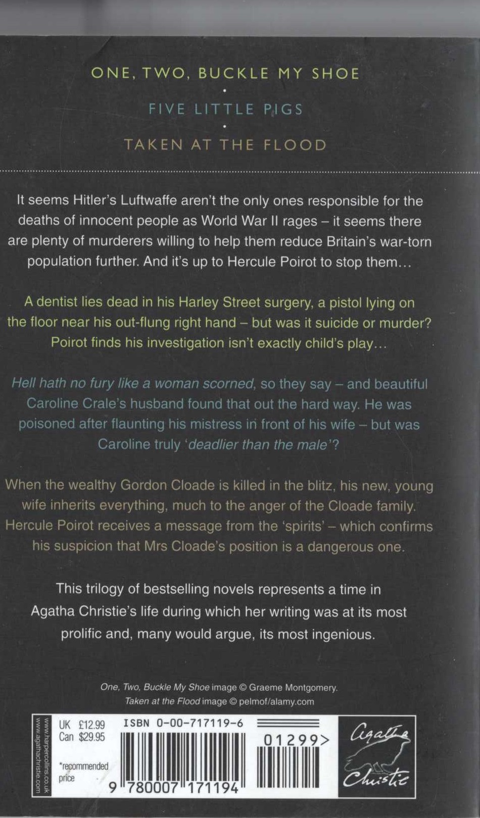Agatha Christie  POIROT - THE WAR YEARS: ONE, TWO, BUCKLE MY SHOE/ FIVE LITTLE PIGS/ TAKEN AT THE FLOOD magnified rear book cover image