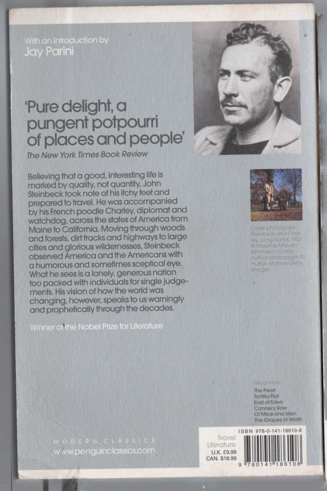 John Steinbeck  TRAVELS WITH CHARLEY magnified rear book cover image