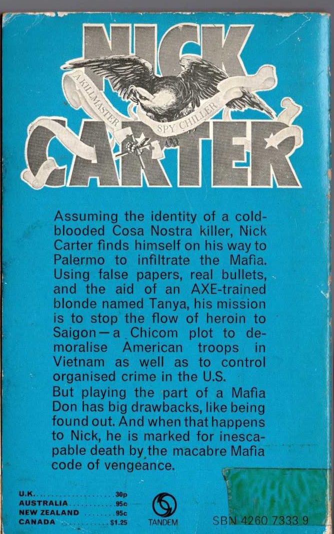 Nick Carter  THE MARK OF COSA NOSTRA magnified rear book cover image