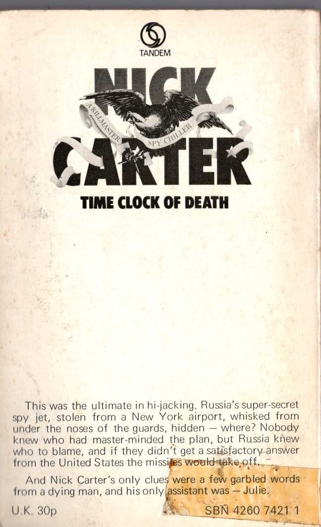 Nick Carter  TIME CLOCK OF DEATH magnified rear book cover image