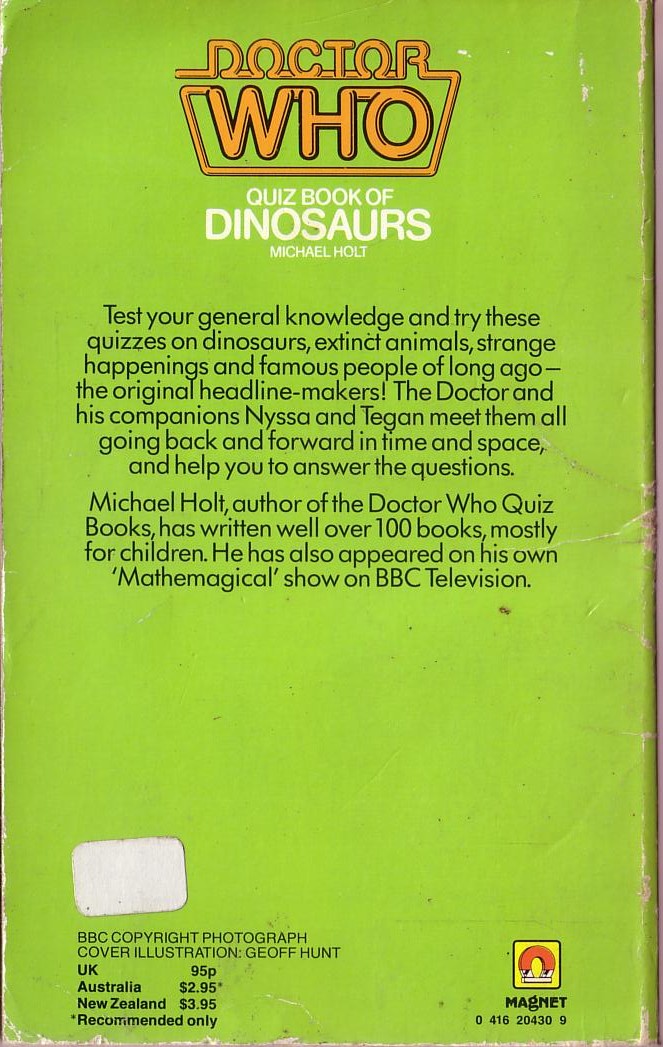 Michael Holt  DOCTOR WHO QUIZ BOOK OF DINOSAURS magnified rear book cover image