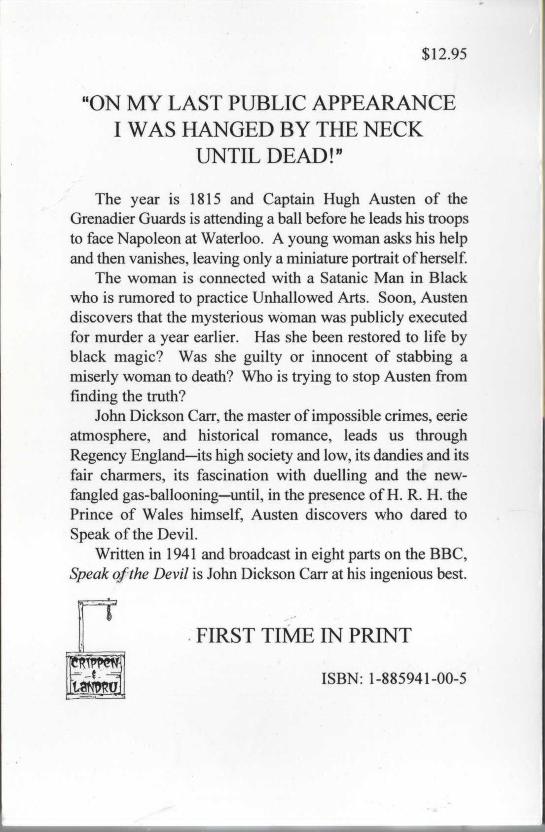 John Dickson Carr  SPEAK OF THE DEVIL magnified rear book cover image