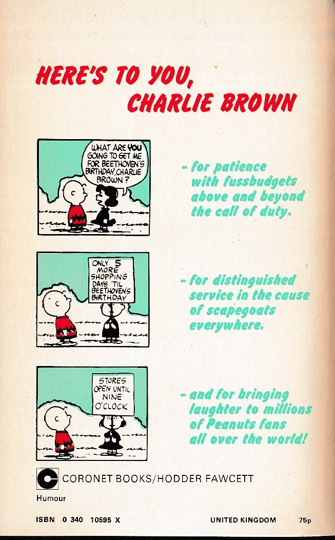 Charles M. Schulz  HERE'S TO YOU, CHARLIE BROWN magnified rear book cover image