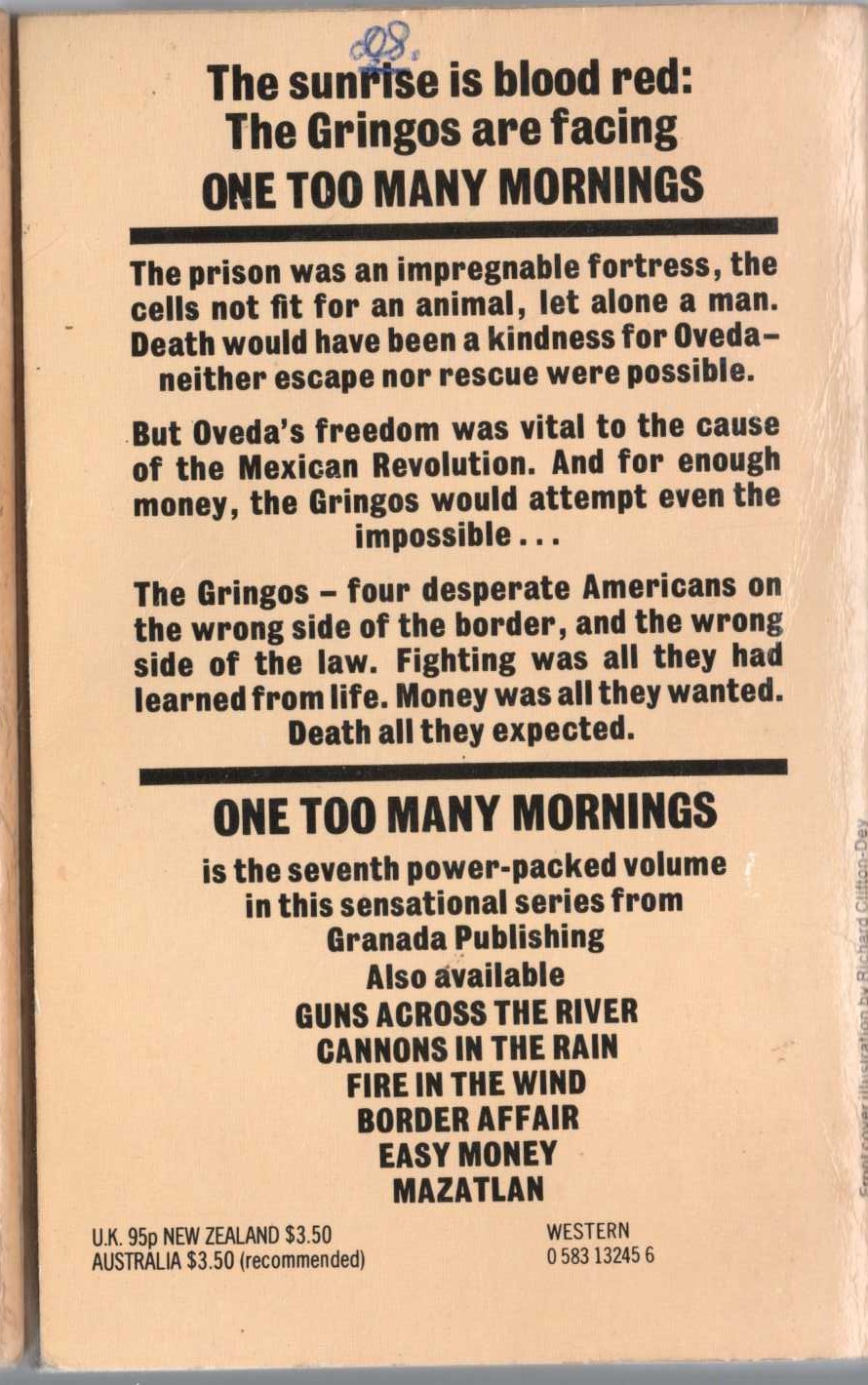J.D. Sandon  GRINGOS 7: ONE TOO MANY MORNINGS magnified rear book cover image