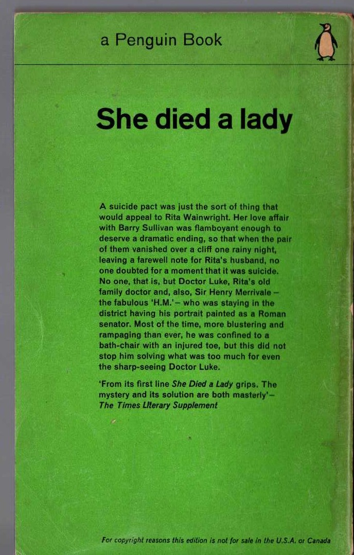 Carter Dickson  SHE DIED A LADY magnified rear book cover image