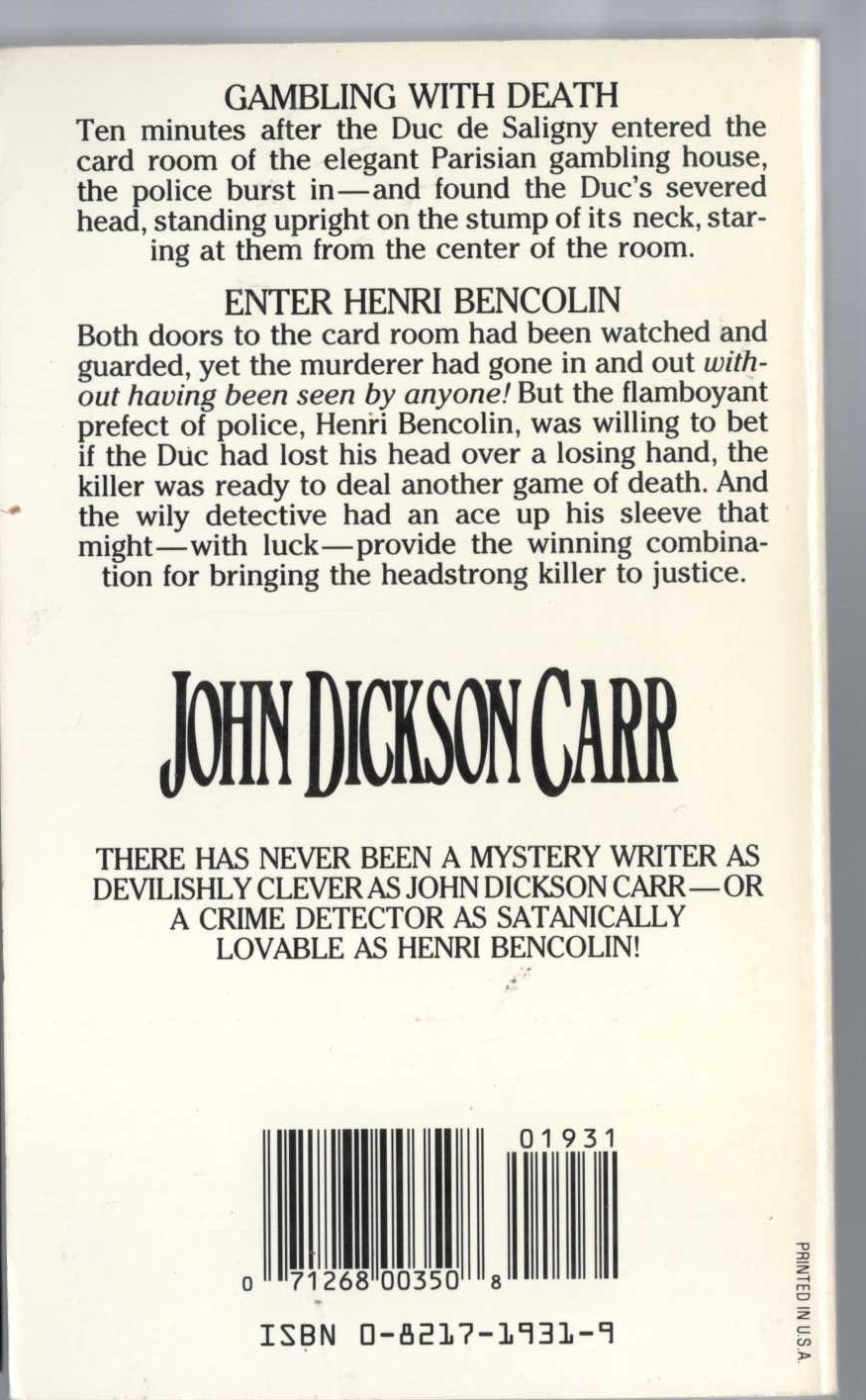 John Dickson Carr  IT WALKS BY NIGHT magnified rear book cover image