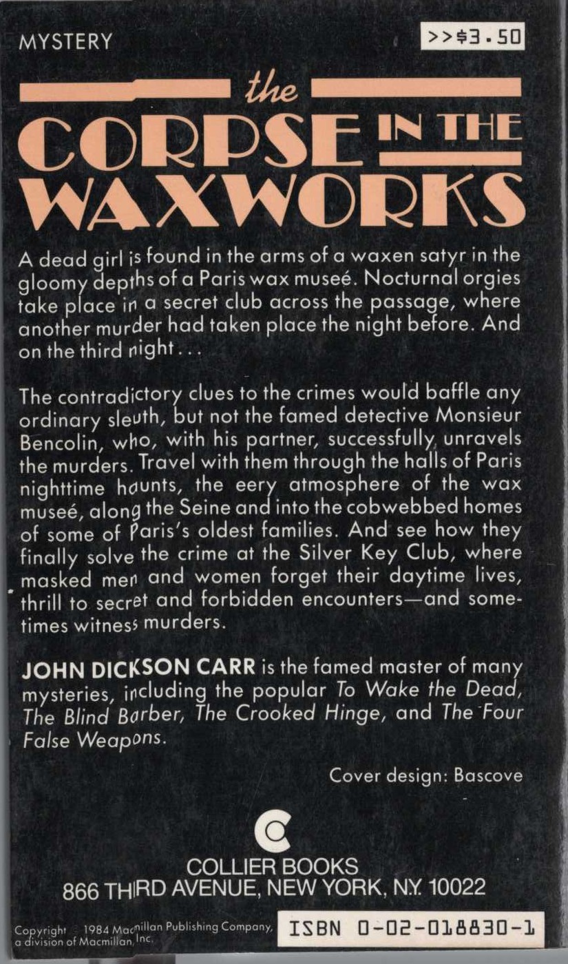 John Dickson Carr  THE CORPSE IN THE WAXWORKS magnified rear book cover image