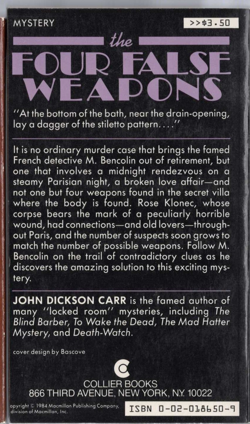 John Dickson Carr  THE FOUR FALSE WEAPONS magnified rear book cover image