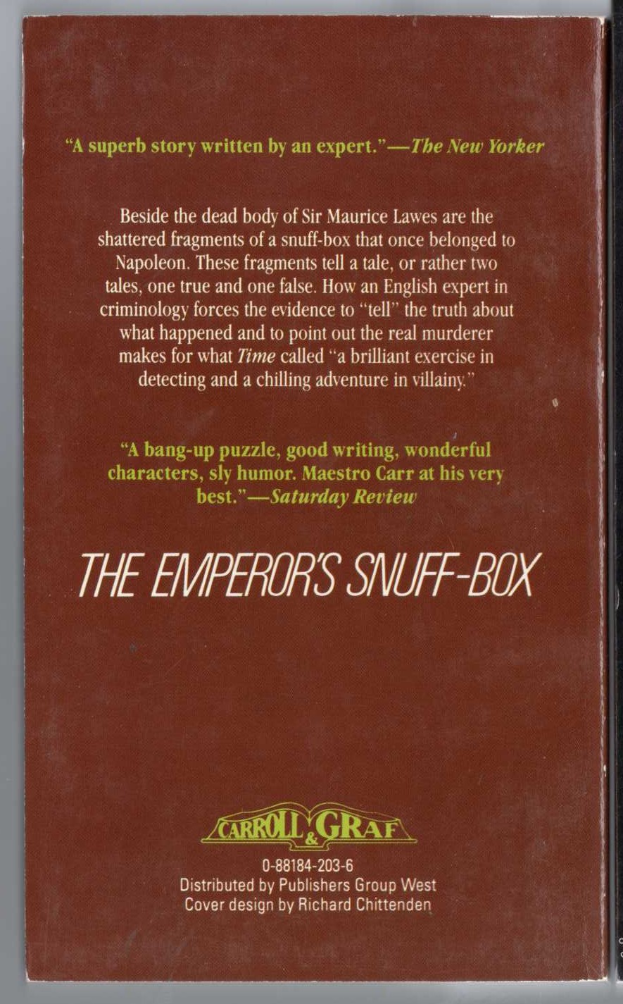 John Dickson Carr  THE EMPEROR'S SNUFF-BOX magnified rear book cover image