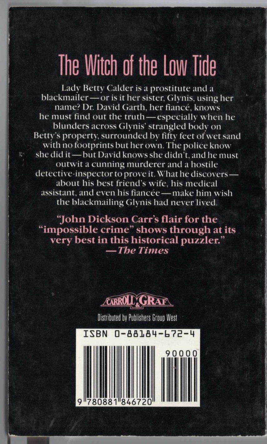 John Dickson Carr  THE WITCH OF THE LOW TIDE magnified rear book cover image