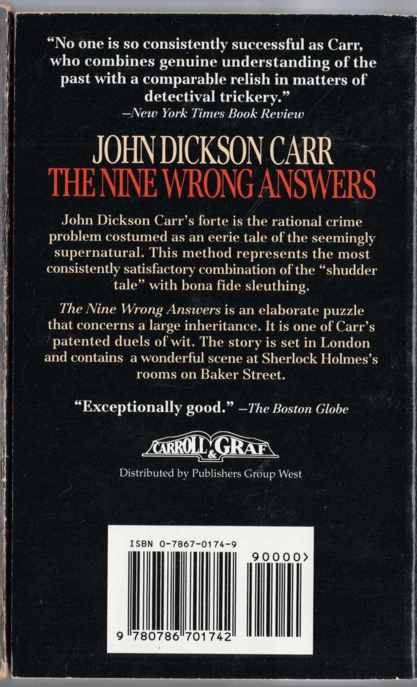 John Dickson Carr  THE NINE WRONG ANSWERS magnified rear book cover image