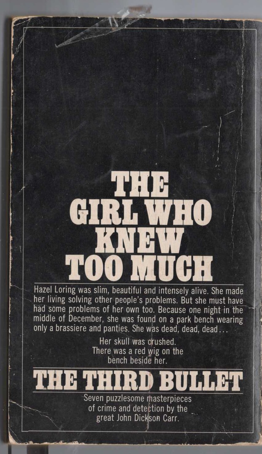 John Dickson Carr  THE THIRD BULLET magnified rear book cover image