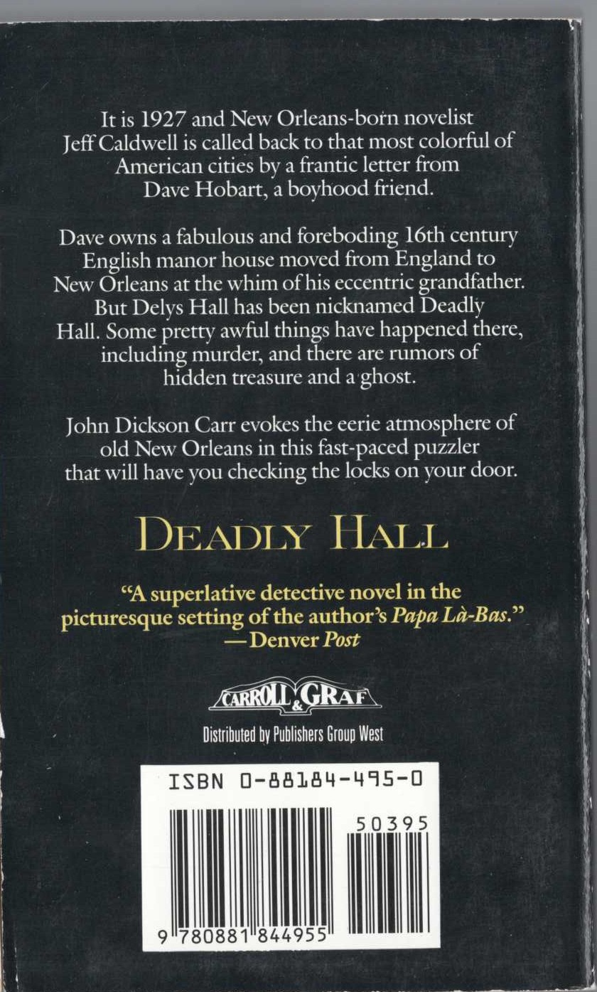 John Dickson Carr  DEADLY HALL magnified rear book cover image