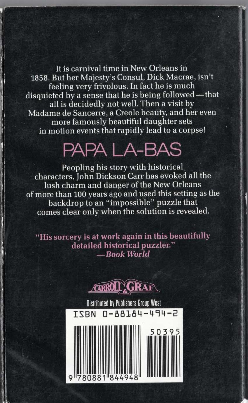 John Dickson Carr  PAPA LA-BAS magnified rear book cover image