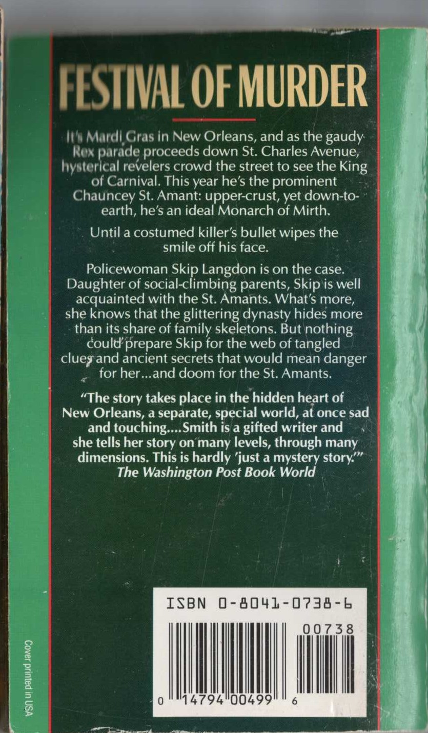 Julie Smith  NEW ORLEANS MOURNING magnified rear book cover image