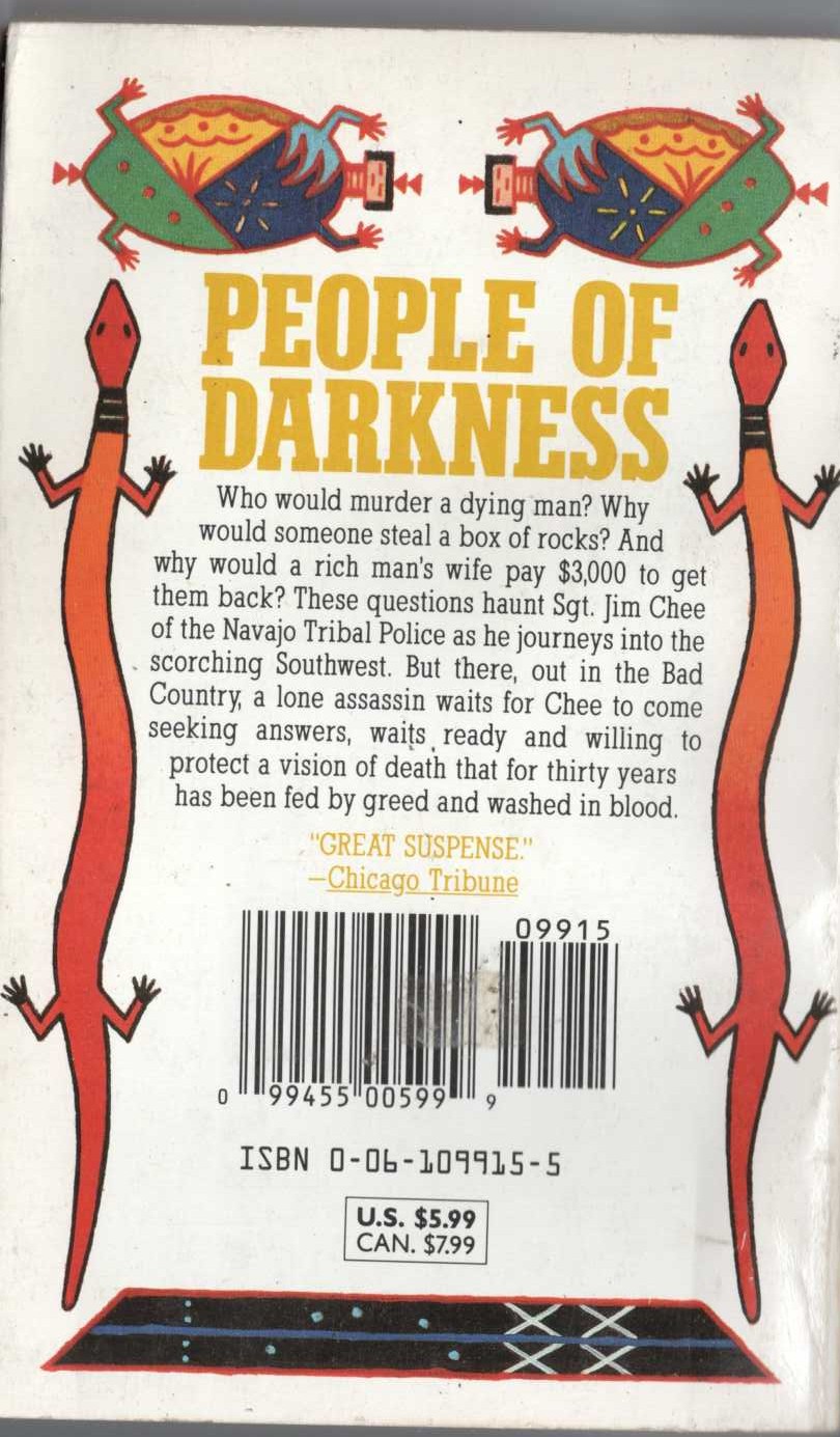 Tony Hillerman  PEOPLE OF DARKNESS magnified rear book cover image