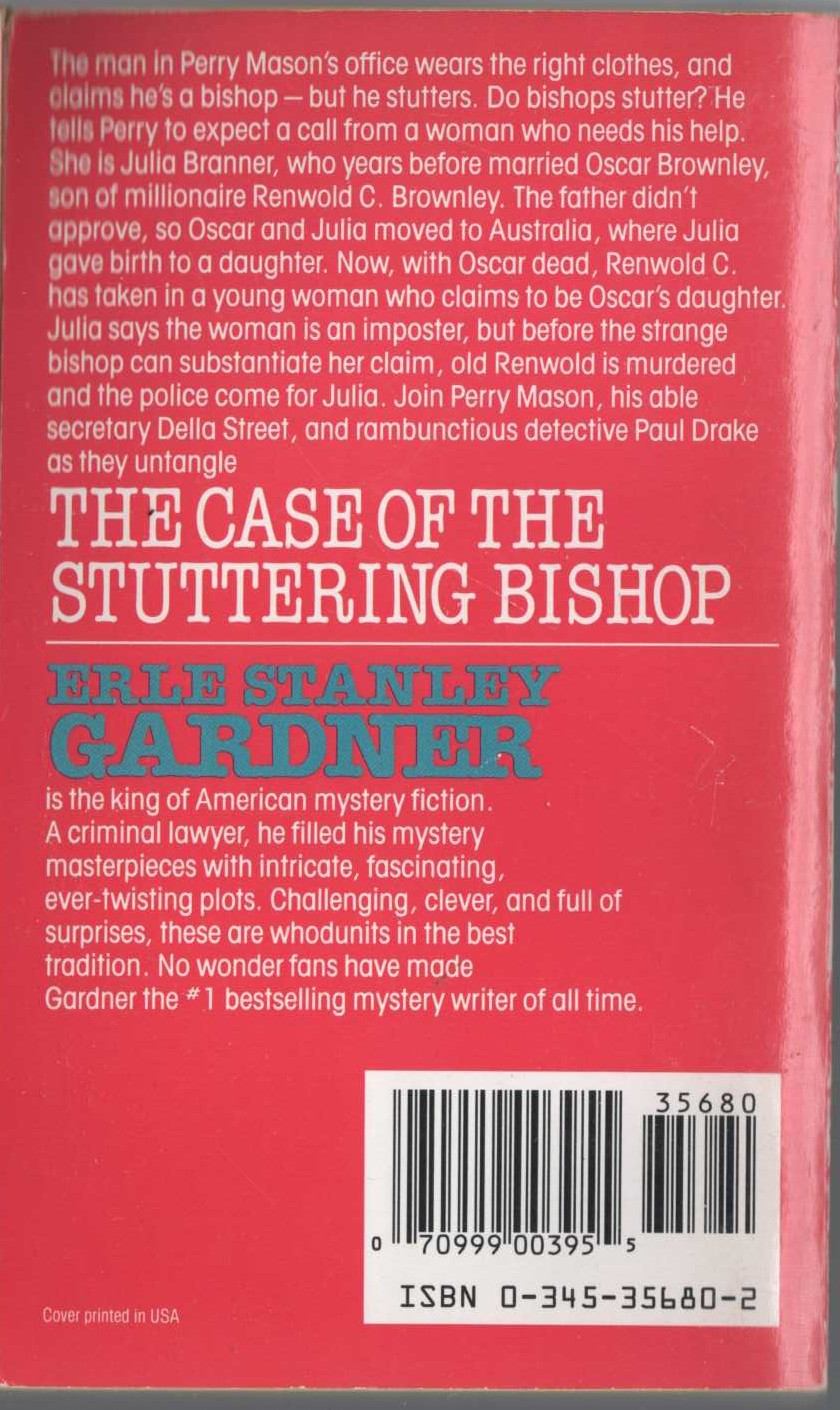 Erle Stanley Gardner  THE CASE OF THE STUTTERING BISHOP magnified rear book cover image