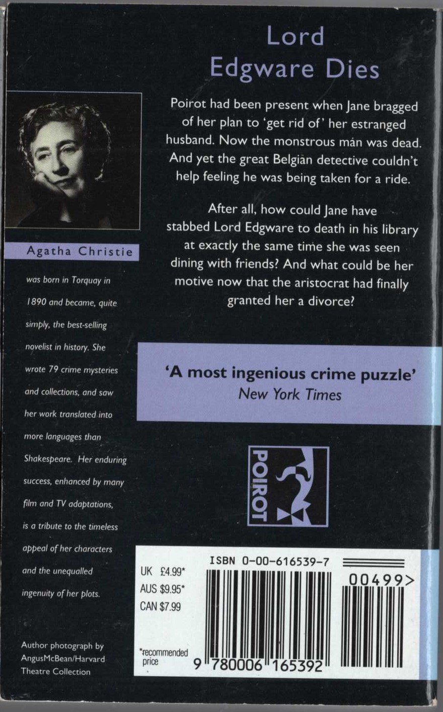 Agatha Christie  LORD EDGWARE DIES magnified rear book cover image