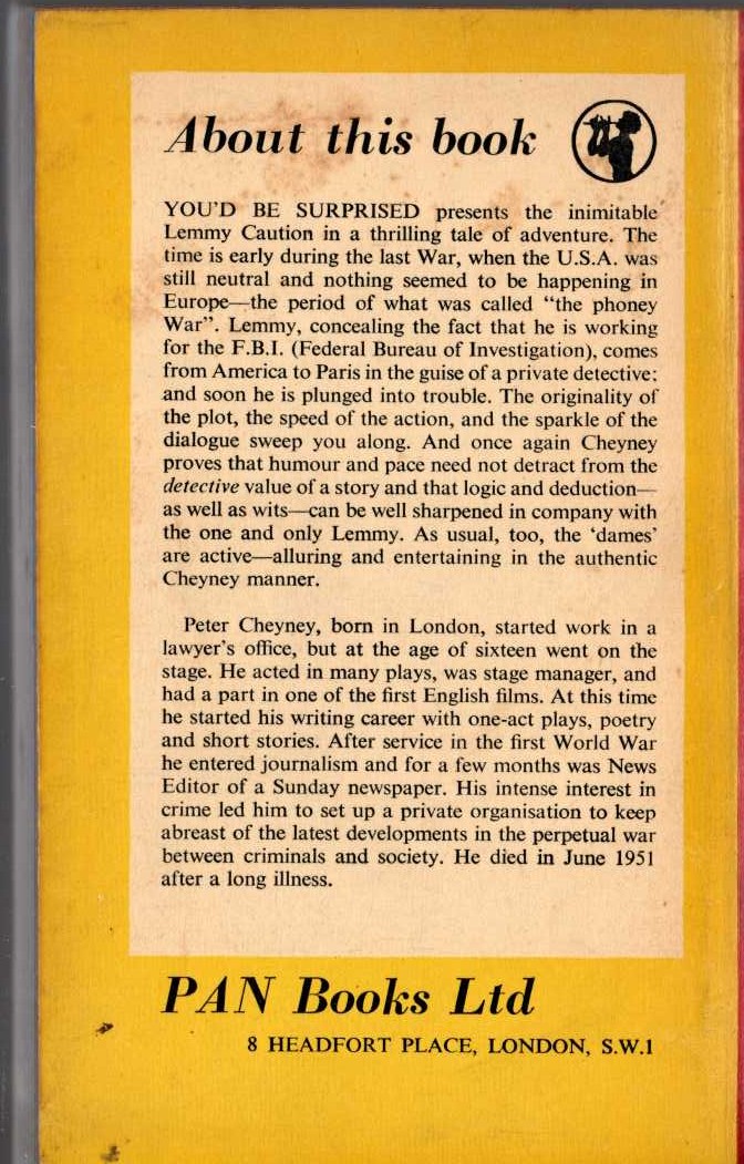 Peter Cheyney  YOU'D BE SURPRISED magnified rear book cover image