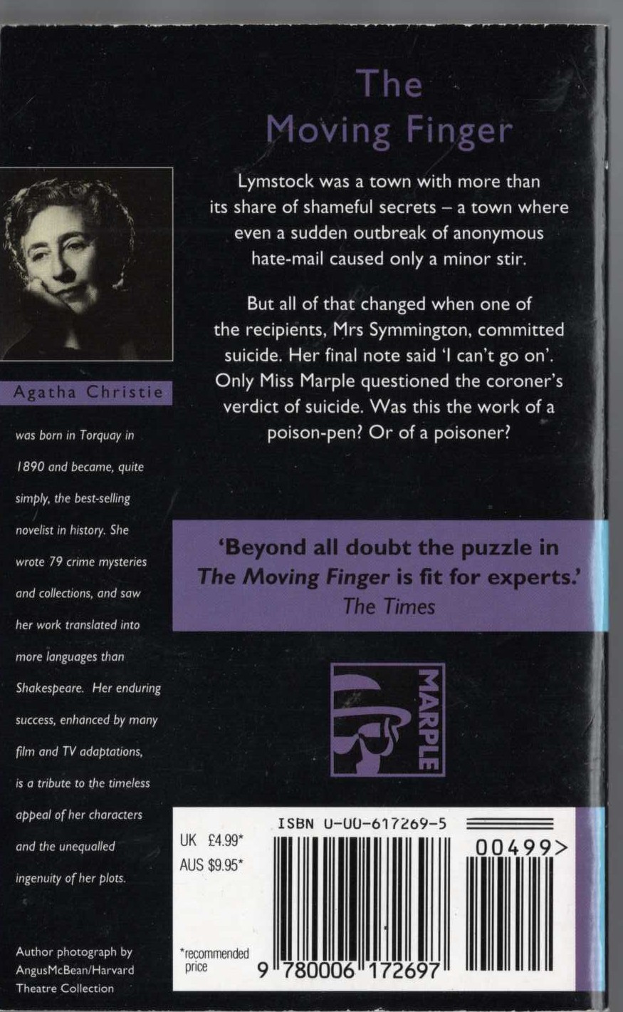 Agatha Christie  THE MOVING FINGER magnified rear book cover image