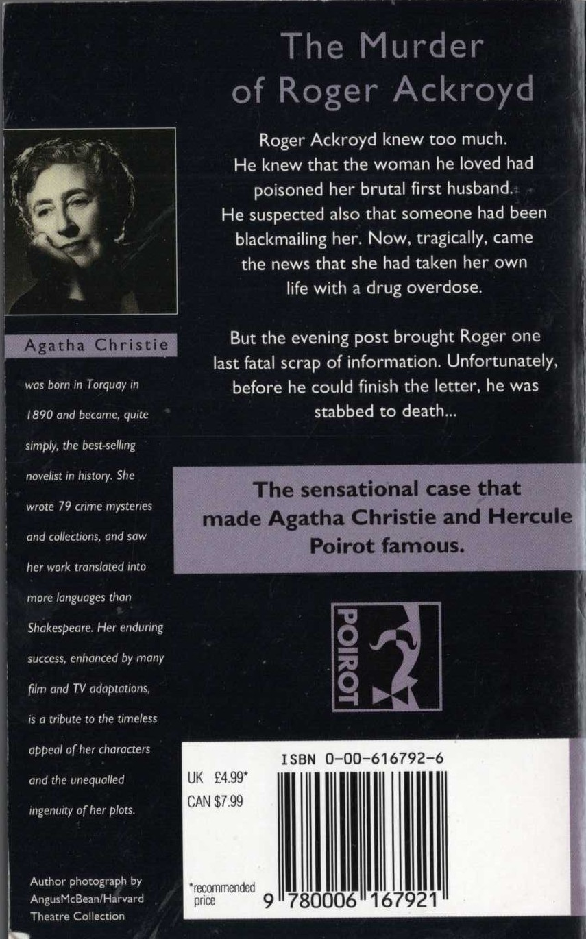 Agatha Christie  THE MURDER OF ROGER ACKROYD magnified rear book cover image