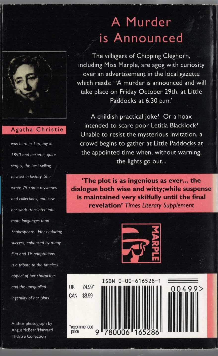 Agatha Christie  A MURDER IS ANNOUNCED magnified rear book cover image