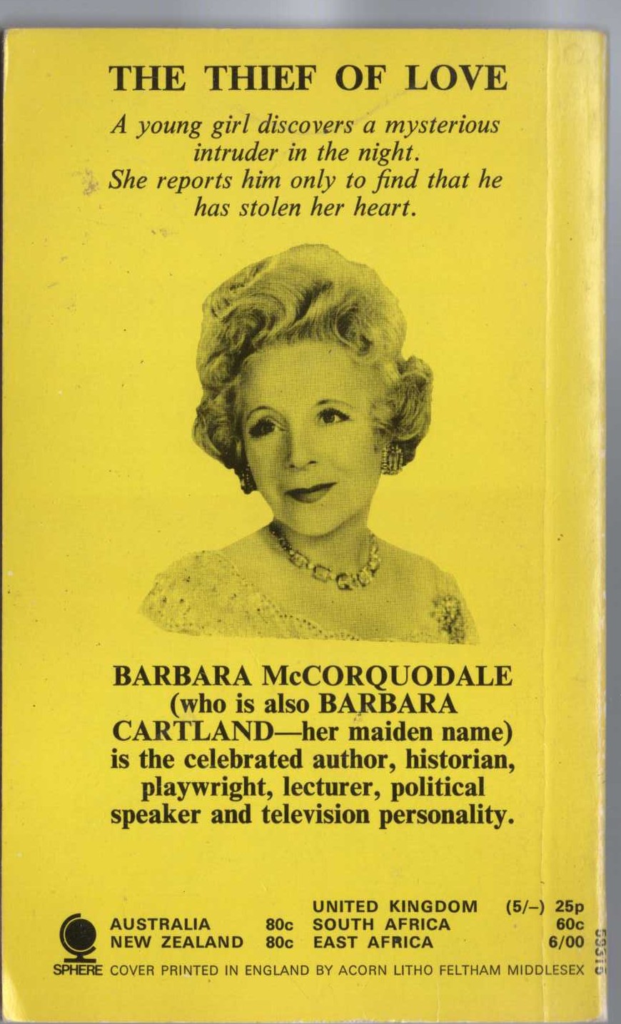 Barbara Cartland  THE THIEF OF LOVE magnified rear book cover image