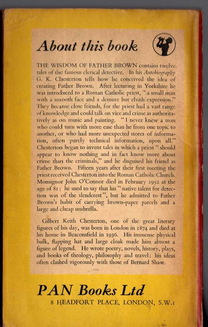 G.K. Chesterton  THE WISDOM OF FATHER BROWN magnified rear book cover image
