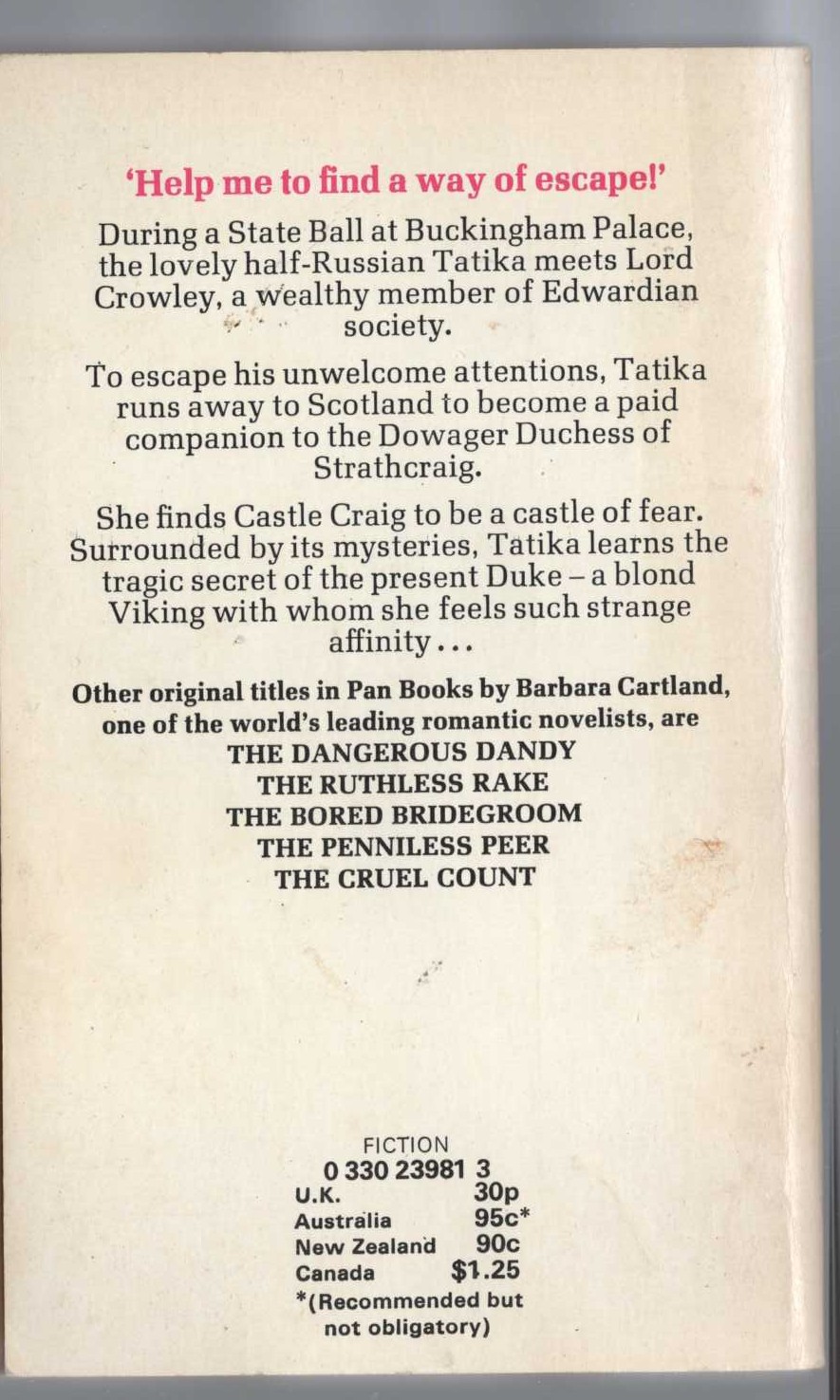 Barbara Cartland  THE CASTLE OF FEAR magnified rear book cover image