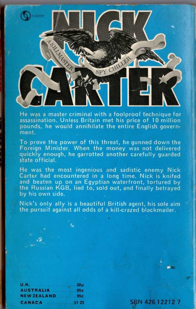 Nick Carter  ASSAULT ON ENGLAND magnified rear book cover image