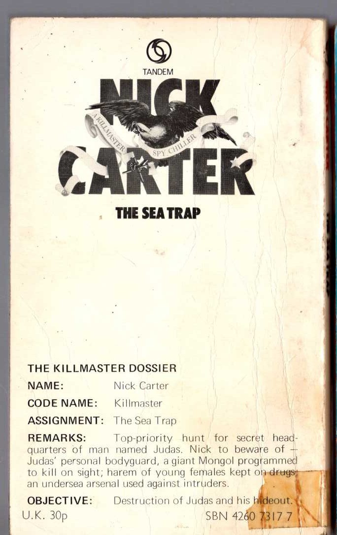 Nick Carter  THE SEA TRAP magnified rear book cover image