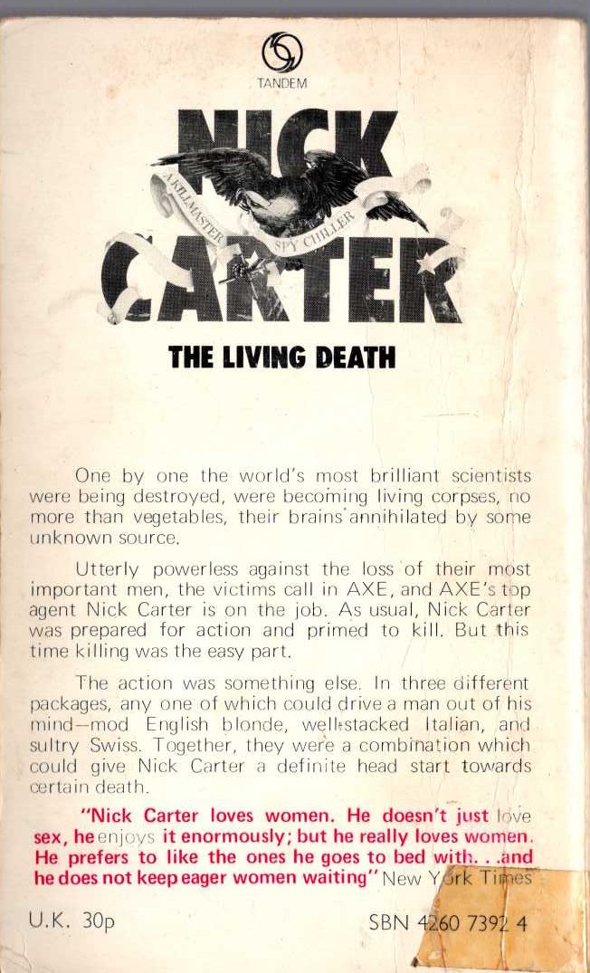 Nick Carter  THE LIVING DEATH magnified rear book cover image