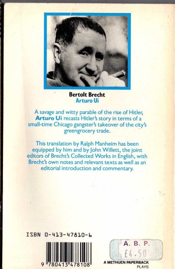 Bertolt Brecht  THE RESISTIBLE RISE OF ARTURO UI magnified rear book cover image