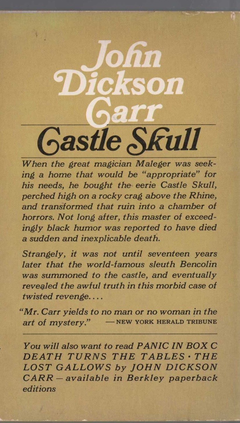 John Dickson Carr  CASTLE SKULL magnified rear book cover image