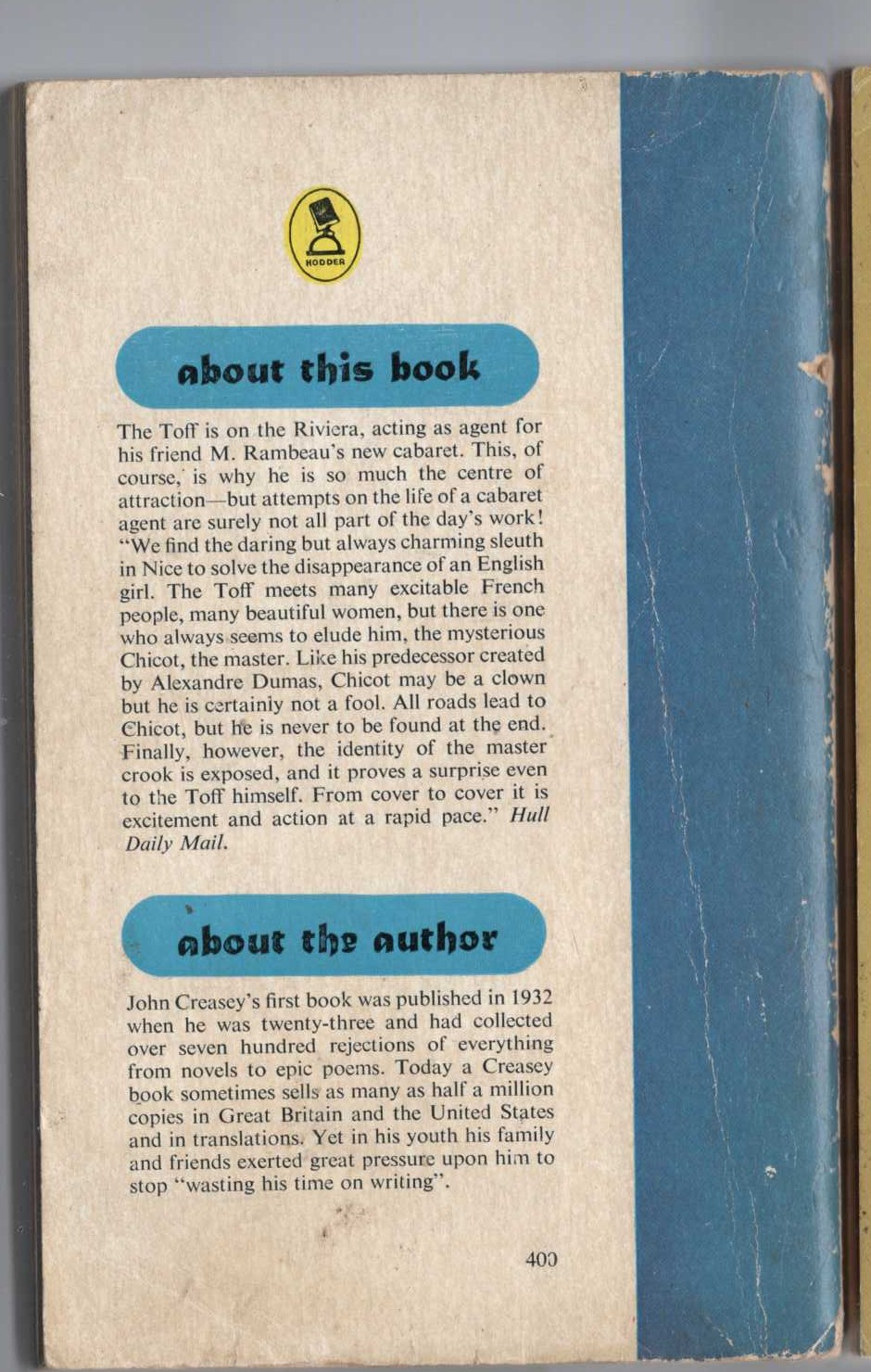 John Creasey  THE TOFF AND THE DEEP BLUE SEA magnified rear book cover image