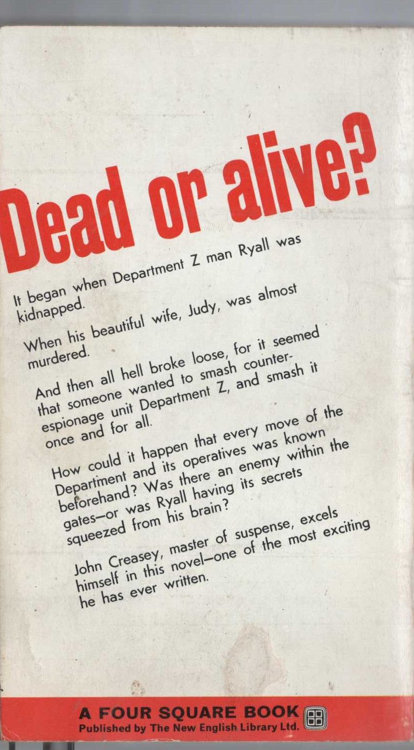 John Creasey  A KIND OF PRISONER (Department 'Z') magnified rear book cover image