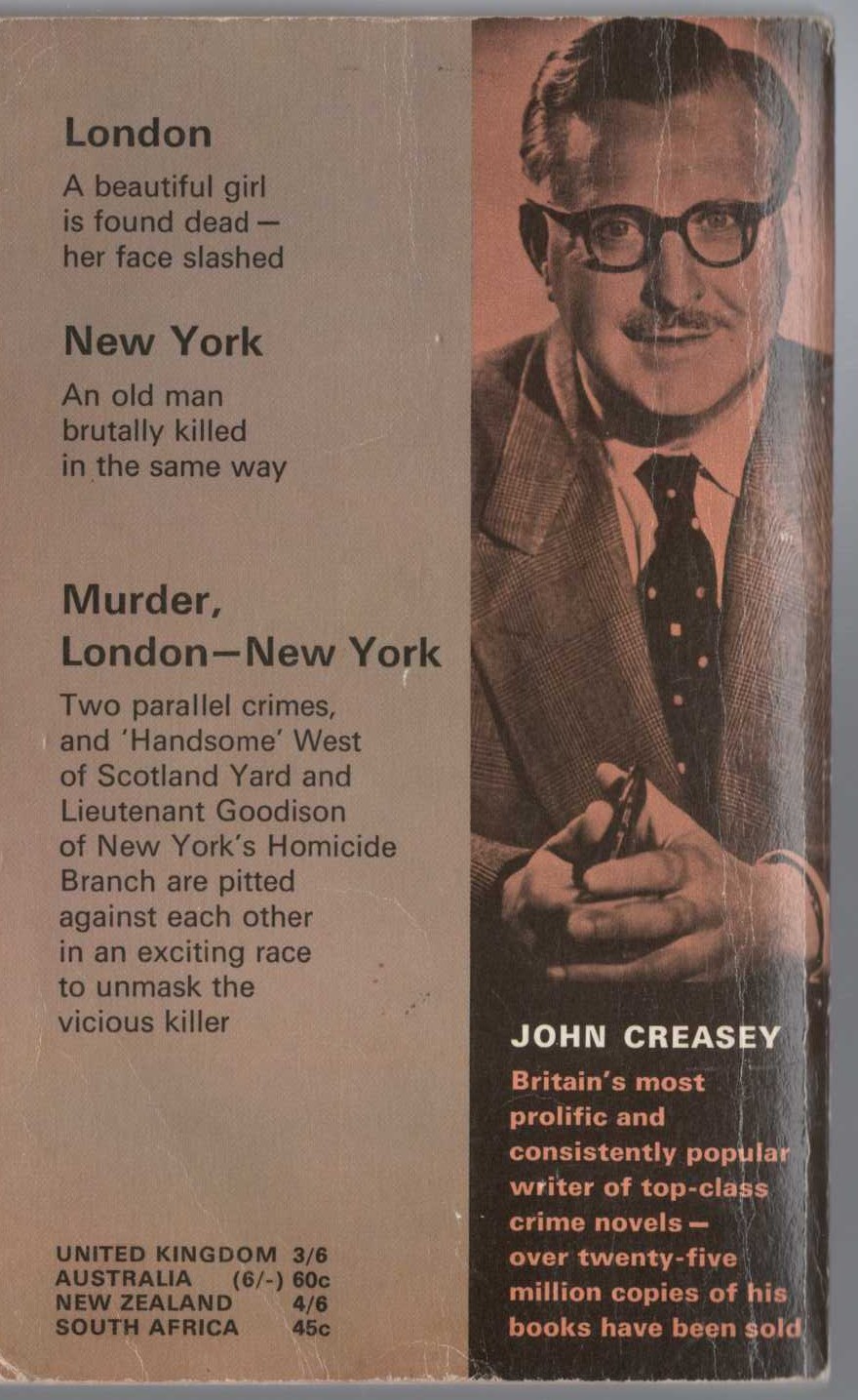 John Creasey  MURDER, LONDON - NEW YORK (Roger West) magnified rear book cover image
