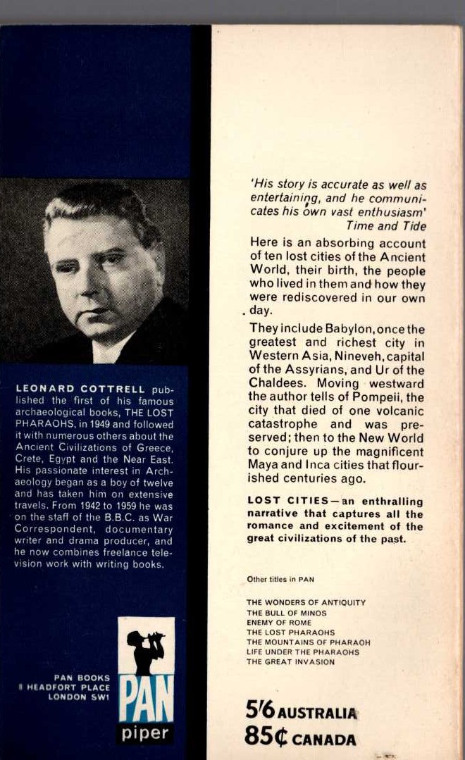 Leonard Cottrell  LOST CITIES magnified rear book cover image