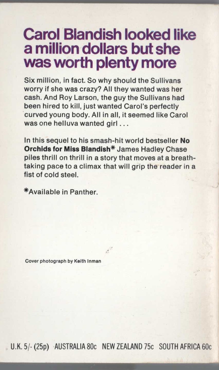 James Hadley Chase  THE FLESH OF THE ORCHID magnified rear book cover image