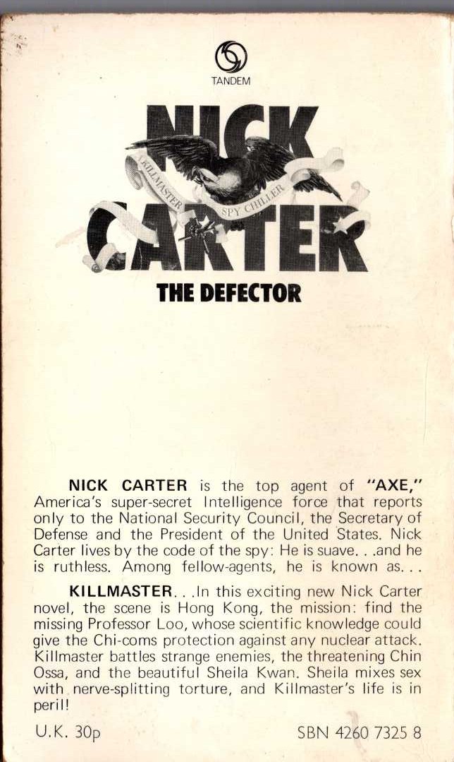 Nick Carter  THE DEFECTOR magnified rear book cover image