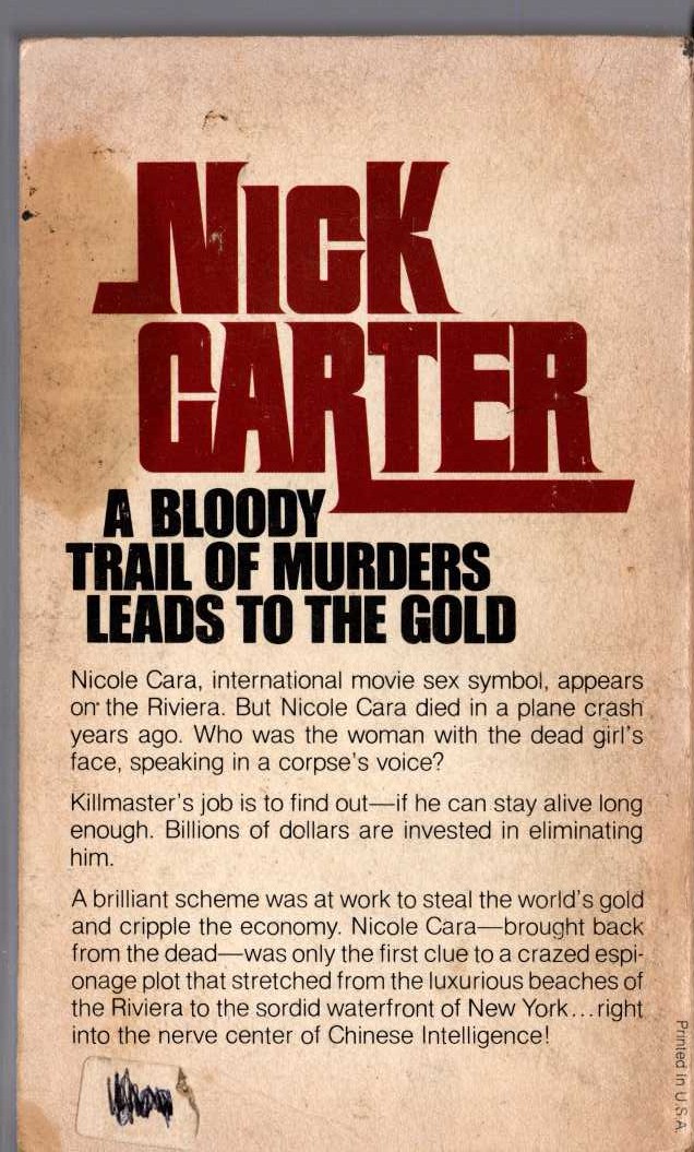 Nick Carter  THE MAN WHO SOLD DEATH magnified rear book cover image