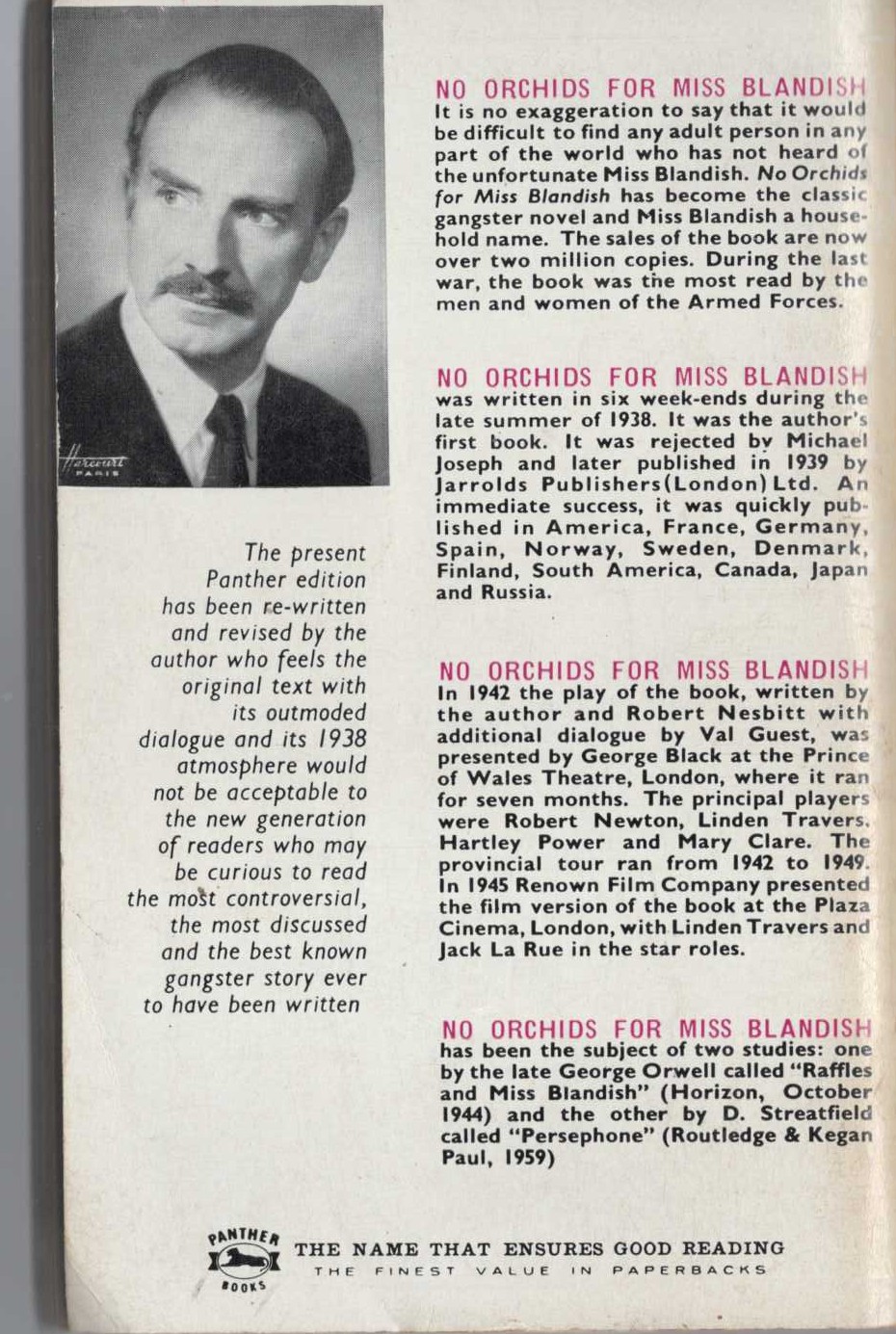 James Hadley Chase  NO ORCHIDS FOR MISS BLANDISH magnified rear book cover image