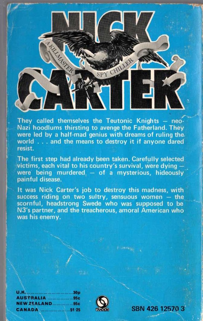 Nick Carter  THE BRIGHT BLUE DEATH magnified rear book cover image