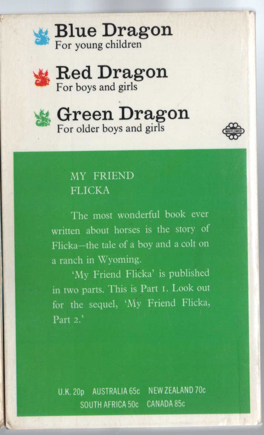 Mary O'Hara  MY FRIEND FLICKA Part 1 magnified rear book cover image
