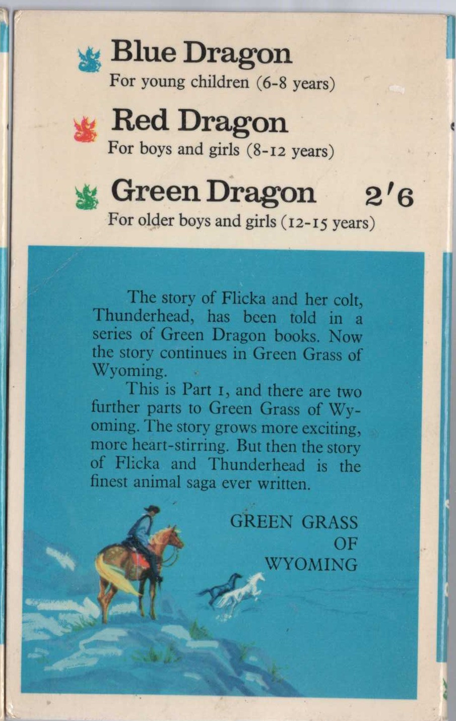 Mary O'Hara  GREEN GRASS OF WYOMING Part 1 magnified rear book cover image