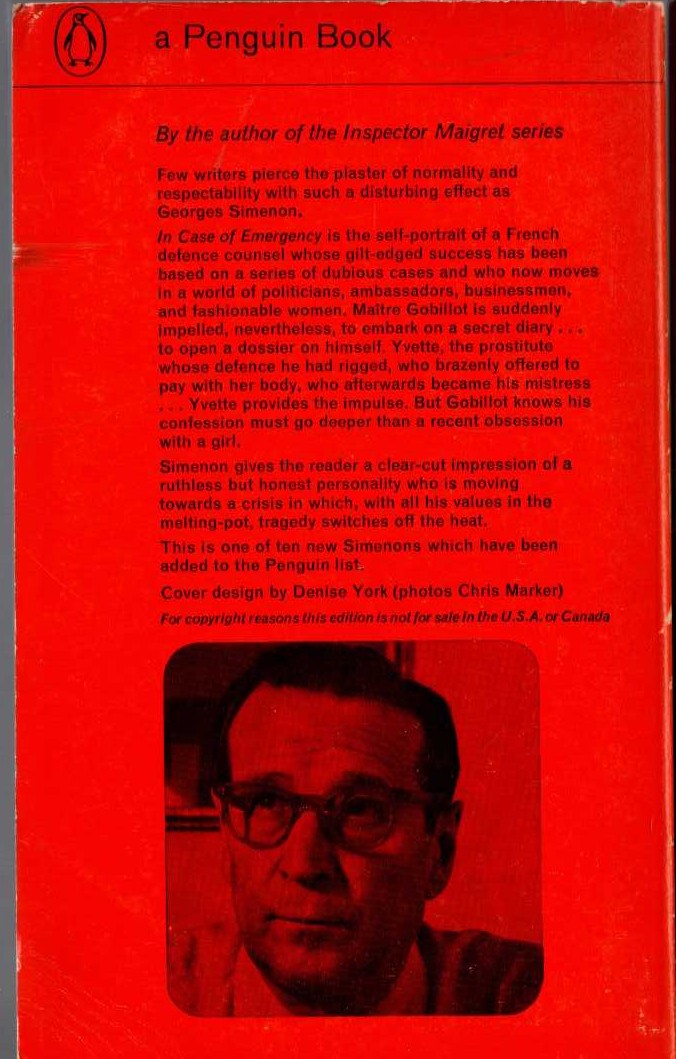 Georges Simenon  IN CASE OF EMERGENCY magnified rear book cover image